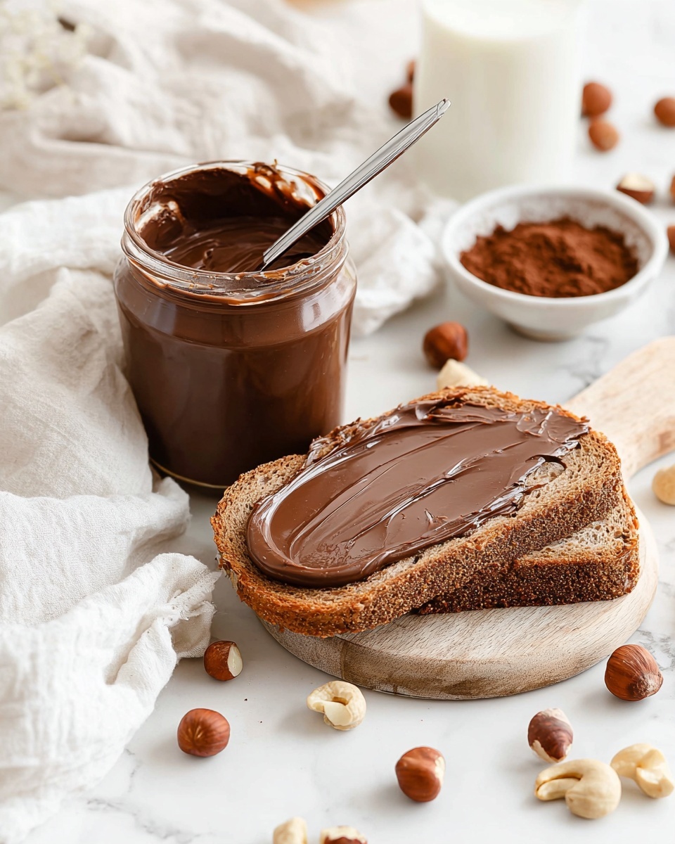 A thick layer of smooth, shiny chocolate spread covers a rough, brown slice of bread resting on a small wooden board; a woman's hand holds a silver knife spreading the chocolate smoothly across the bread. Next to the bread is a clear glass jar filled with creamy chocolate spread, placed on a white marbled surface scattered with small whole hazelnuts and cashew nuts. In the background, there is a glass of milk and a small white bowl filled with cocoa powder, with a white cloth loosely draped nearby. Photo taken with an iphone --ar 4:5 --v 7
