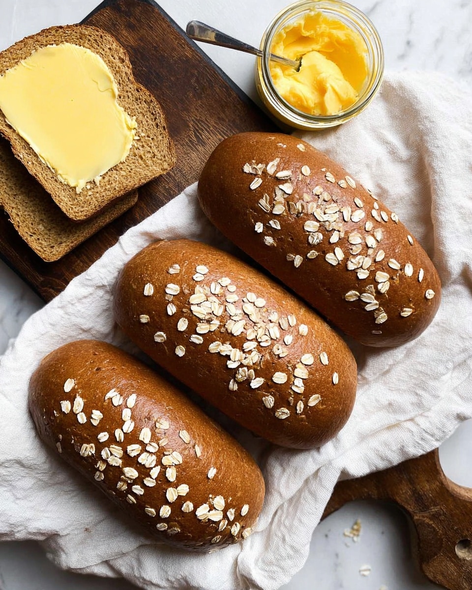 Three long brown breads topped with oat flakes lie on a white cloth placed on a wooden board. The breads have a smooth, slightly shiny texture, showing soft crust. On the upper left, a slice of bread with yellow butter spread on it rests next to a small open jar filled with butter. The wooden board sits on a white marbled surface. Photo taken with an iphone --ar 4:5 --v 7