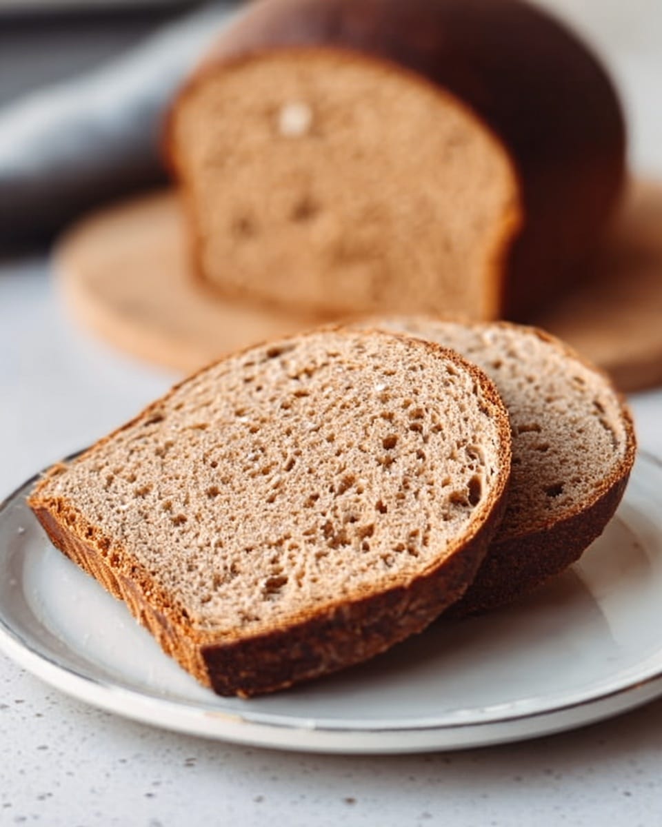 A close-up of two slices of brown bread placed side by side on a round white plate, showing a soft and slightly coarse texture with small air holes in the bread crumb. Behind the plate, there is a full loaf of the same brown bread with a dark crust, resting on a white marbled surface. The background is softly blurred to keep focus on the bread slices and loaf. Photo taken with an iphone --ar 4:5 --v 7