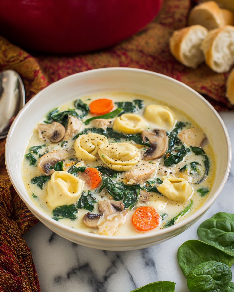 A white bowl filled with creamy soup that has three layers visible: a smooth off-white broth base, a middle layer of dark green spinach leaves and bright orange carrot slices, and a top layer with beige tortellini pieces, light brown mushrooms, and small chunks of white chicken, all mixed evenly. The bowl sits on a white marbled surface with a silver spoon to the left and some fresh spinach leaves near it. The background has a red pot and pieces of bread, adding warm tones to the scene. photo taken with an iphone --ar 4:5 --v 7