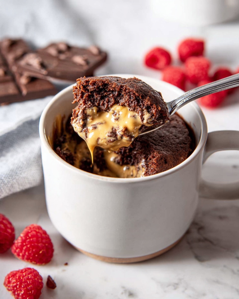 The image shows a white ceramic mug filled with a warm chocolate cake that has a soft, moist texture. The top layer is a dark brown, slightly crumbly chocolate cake with a creamy light caramel sauce melting in some spots. A silver spoon is lifting a scoop from the mug, displaying the mix of cake and flowing caramel sauce inside. In the background, there are pieces of dark chocolate and fresh red raspberries placed on a white marbled surface. The scene is softly lit with natural light, creating a cozy and inviting feel. photo taken with an iphone --ar 4:5 --v 7