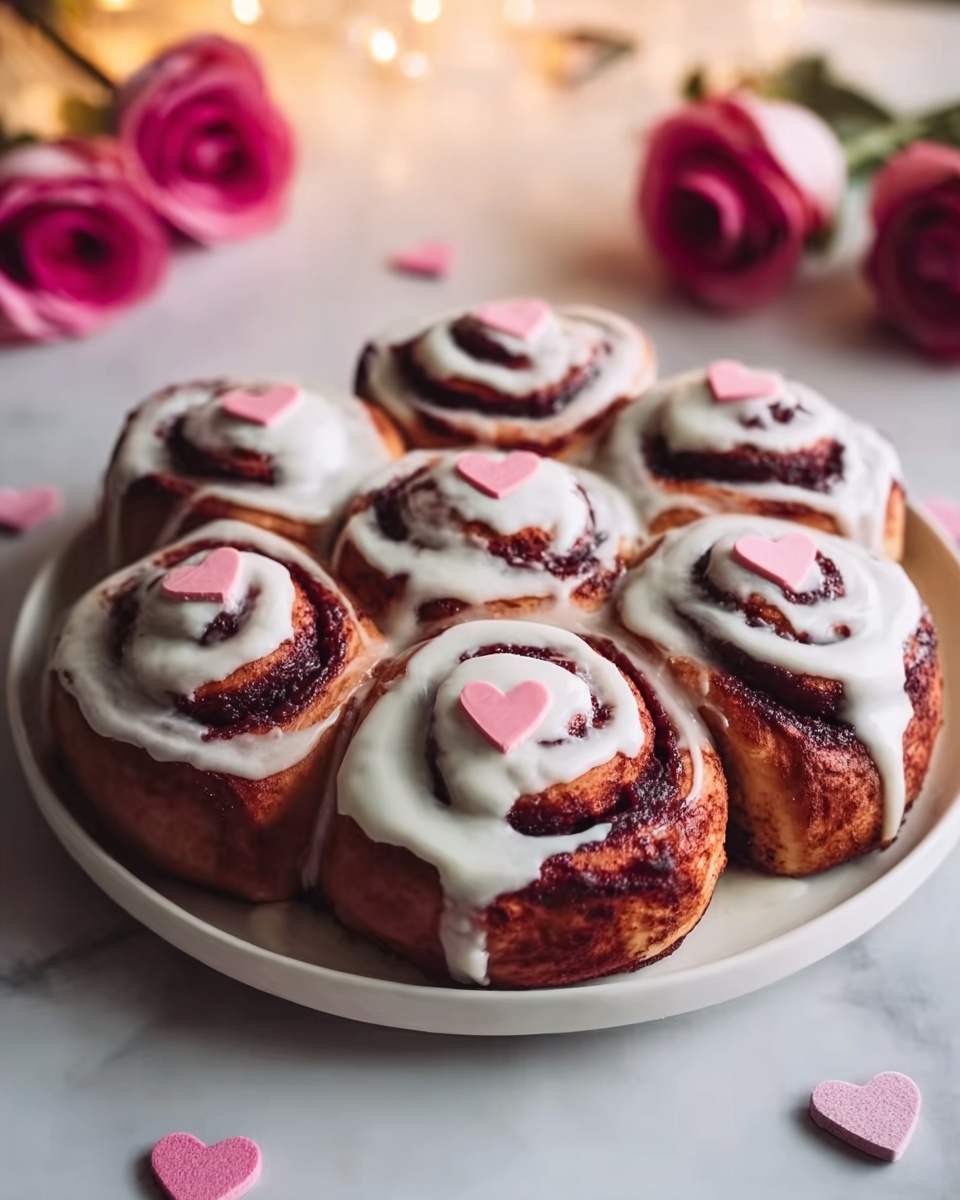 The image shows a white plate filled with seven cinnamon rolls arranged in a circular pattern. Each roll has rich red and dark brown swirls that show the layers of dough and filling. The rolls are topped with thick white icing that drips down the sides, giving a creamy texture. On top of each roll, there is a small pink heart-shaped decoration, adding a cute and colorful touch. The plate sits on a white marbled surface, with soft pink roses and small heart shapes scattered around, and soft warm lights in the blurred background. photo taken with an iphone --ar 4:5 --v 7