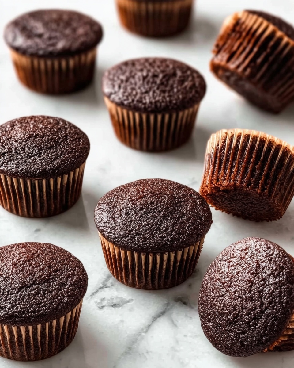 The image shows many small chocolate cupcakes arranged on a white marbled surface. Each cupcake has a dark brown, slightly rough top with a soft texture, and the sides are covered with light brown cupcake liners. The cupcakes are placed randomly, with some standing upright and a few tilted to the side, showing the base's round shape. The overall look is simple, with the deep chocolate color standing out against the light background. photo taken with an iphone --ar 4:5 --v 7