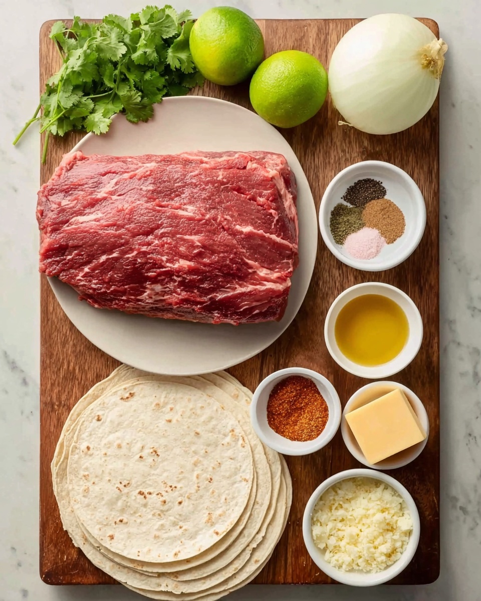 The image shows a wooden tray with several ingredients arranged on it over a white marbled surface. In the center, a white plate holds a large piece of raw red meat with a visible grain. Below the meat on the tray, there is a neat stack of white soft tortillas. To the left of the meat, fresh green cilantro bunch and two whole green limes are placed. Above the meat, a whole white onion rests on the tray. On the right side, three white bowls contain different ingredients: the top bowl has black pepper and pink salt, the middle bowl holds a yellow liquid likely oil, and the bottom bowl shows a mix of reddish and brown spices. Next to these bowls, there is a small block of light yellow cheese. At the bottom right corner of the tray, another small white bowl contains a minced pale mixture, likely garlic. photo taken with an iphone --ar 4:5 --v 7