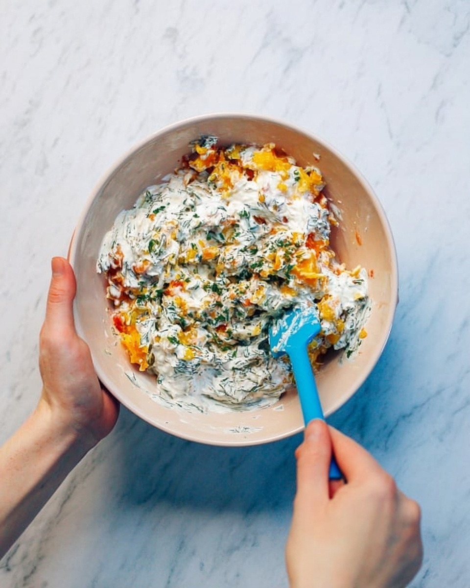 A pair of woman's hands are holding a white bowl filled with a mix of ingredients; the bottom layer is chunky and orange with pieces of yellow and red, topped by a thick white creamy layer with bits of green herbs mixed in. A blue spatula is stirring the ingredients inside the bowl. The bowl is held over a white marbled surface. Photo taken with an iphone --ar 4:5 --v 7