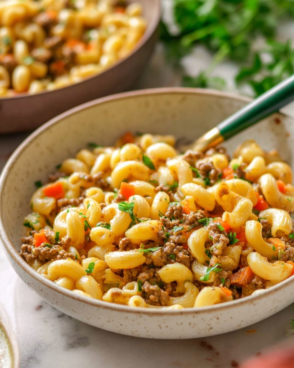 A close-up view of a bowl filled with one layer of macaroni pasta mixed with ground meat, diced carrots, and small green herbs. The pasta is light yellow, curved, and coated with a creamy sauce. Small pieces of orange carrots and green herbs are spread evenly throughout. A fork with a green handle is placed inside the bowl, which is white with light speckles. The bowl sits on a white marbled surface with some greenery blurred nearby. Another similar bowl is partially visible in the background. Photo taken with an iphone --ar 4:5 --v 7