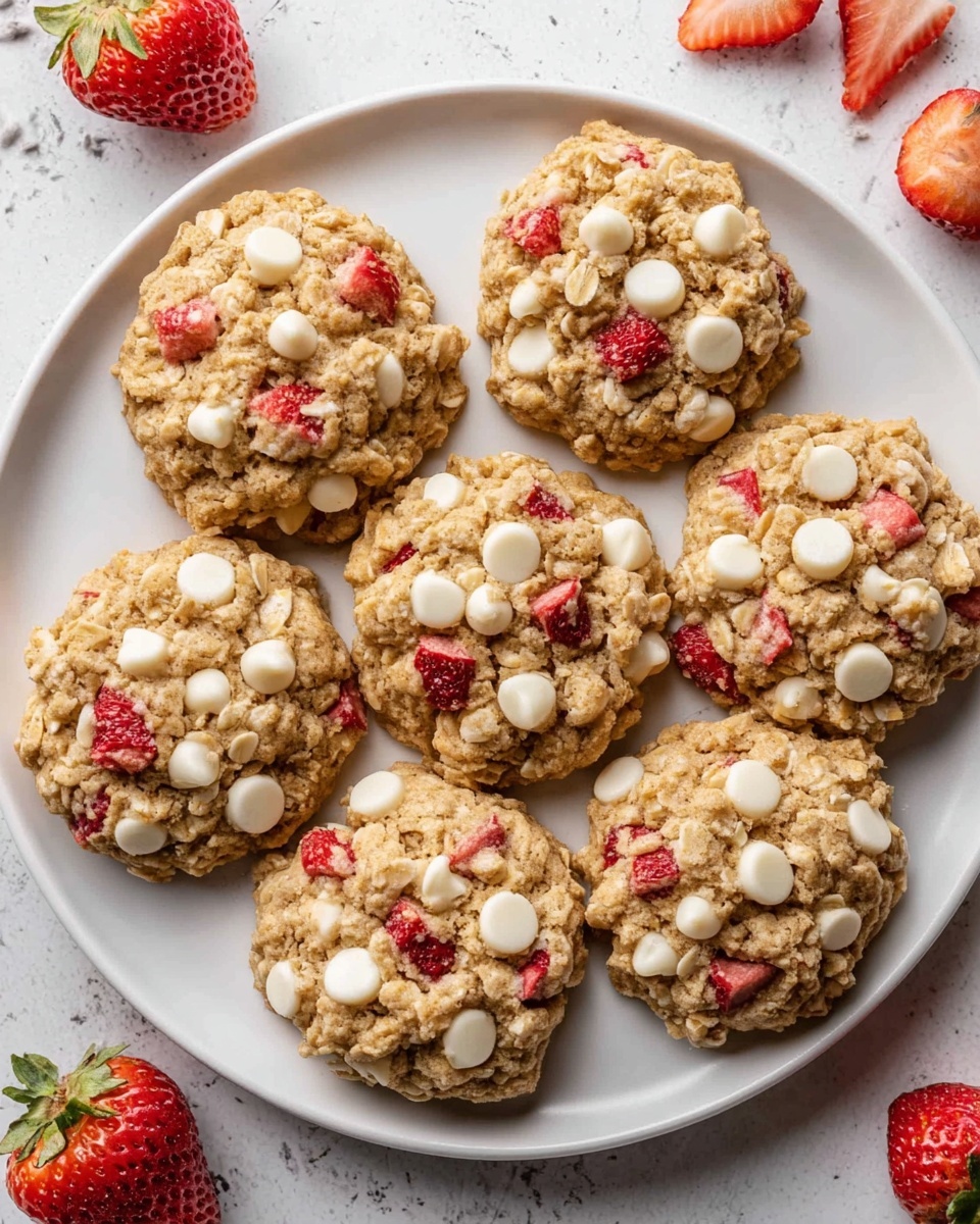 Six round oatmeal cookies with white chocolate chips and small red strawberry pieces are arranged neatly on a white plate. The cookies have a rough, crumbly texture with visible oats, and the white chocolate chips and strawberry bits are scattered evenly on top, giving a mix of cream and red colors against the light brown cookie base. The plate is set on a white marbled surface, with some strawberry slices and strawberry tops partially visible around it. Photo taken with an iphone --ar 4:5 --v 7