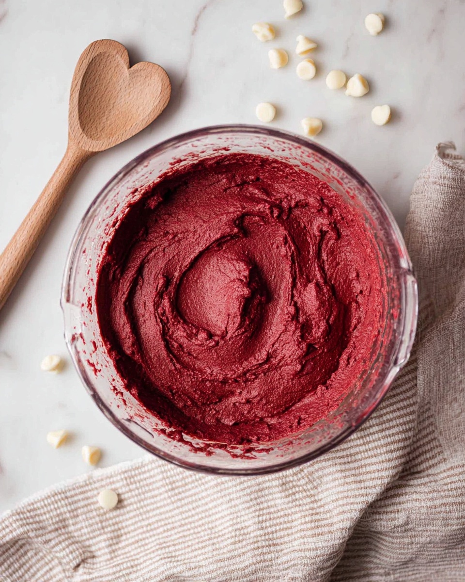 A clear glass mixing bowl filled with smooth, deep red batter, swirled and textured on top to show its thick consistency, sits on a white marbled surface. Around the bowl are scattered small white chocolate chips and a light brown striped kitchen towel beneath it. To the left of the bowl lies a wooden spoon with a heart-shaped cutout in the handle, resting flat on the surface. The scene is softly lit, highlighting the rich color and texture of the batter. photo taken with an iphone --ar 4:5 --v 7