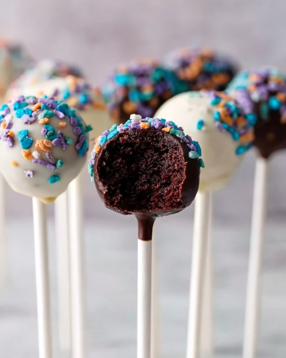The image shows a close-up of chocolate cake pops on white sticks, arranged upright. The cake pop in the front is dark brown with a soft, crumbly texture visible inside where a bite has been taken. It is covered in colorful sprinkles with blue, purple, and orange pieces. Surrounding it are more cake pops, some fully coated in white with the same colorful sprinkles on top. They are all placed on a white marbled surface that gives a clean, bright look. photo taken with an iphone --ar 4:5 --v 7
