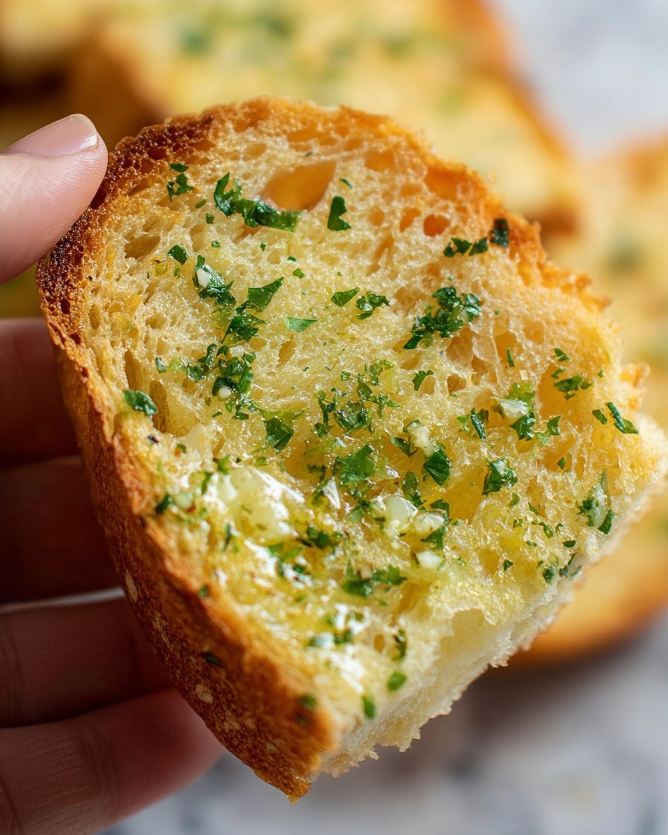 A close-up of a piece of toasted bread held by a woman's hand, showing one layer of lightly golden crust with a soft, airy inside. The surface of the bread is covered with a layer of melted butter spread evenly with small green flakes of fresh parsley and tiny white bits of minced garlic scattered on top. The bread has a crispy texture on the edges and a spongy, porous texture in the middle. The background shows a soft focus of additional toasted bread on a white marbled surface. photo taken with an iphone --ar 4:5 --v 7