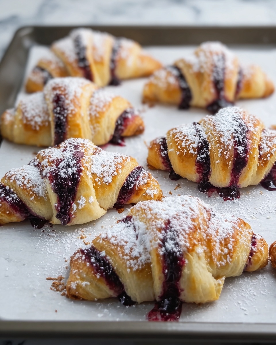 The image shows several crescent-shaped pastries on a baking tray lined with white parchment paper. Each pastry has three visible layers: a light golden-brown dough layer wrapped with a dark purple jam layer that is slightly oozing from the sides. The top of each pastry is dusted with a fine layer of white powdered sugar, creating a delicate contrast with the golden dough and deep purple jam. The pastries are arranged irregularly on the tray, and the background surface has a white marbled texture. photo taken with an iphone --ar 4:5 --v 7