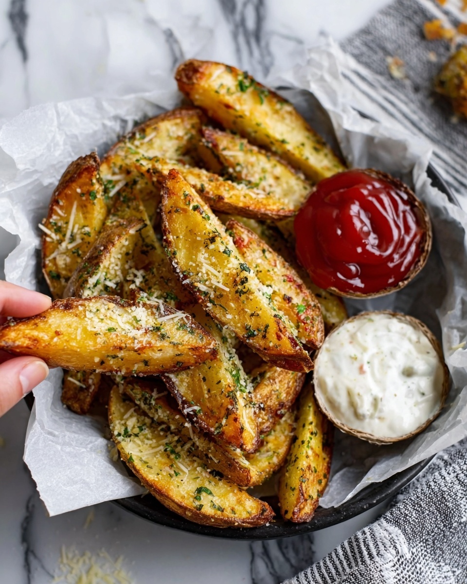 The image shows a black bowl lined with white paper holding crispy potato wedges. The potato wedges are golden brown with green herbs sprinkled on top and some grated cheese melted over them. Two dips are placed inside the bowl, one is a red ketchup and the other is a white creamy sauce. A woman's hand is holding one potato wedge dipped in the white sauce. The bowl is placed on a white marbled surface with a gray and white striped cloth visible at the top right corner. photo taken with an iphone --ar 4:5 --v 7