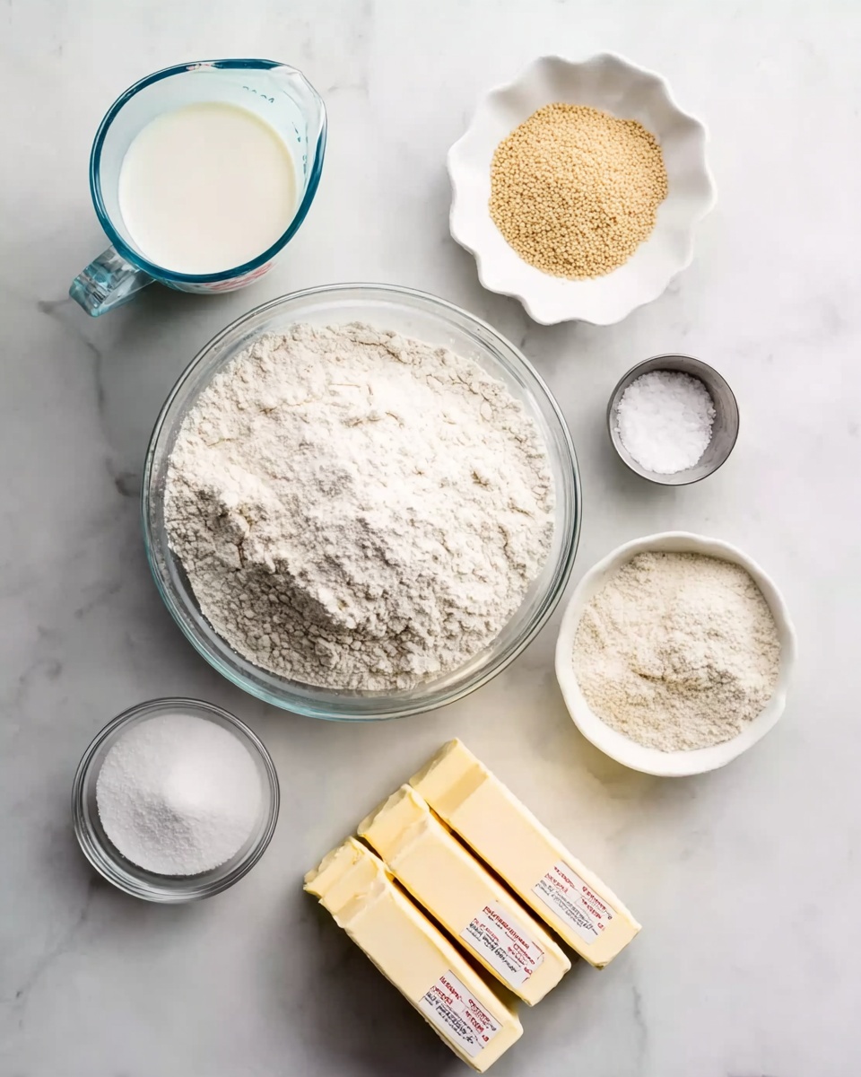 A clear glass bowl filled with white flour sits at the center on a white marbled surface with a slightly glossy texture. Above the bowl of flour is a clear glass measuring cup filled with milk that has a faint blue tint. To the upper right of the bowl is a small white scalloped bowl containing tan yeast granules. Next to the yeast is a small stainless steel cup filled with white salt. Below the bowl of flour on the left is a small clear glass bowl with white sugar, while on the right side there are three sticks of yellow butter with paper labels, arranged neatly. photo taken with an iphone --ar 4:5 --v 7