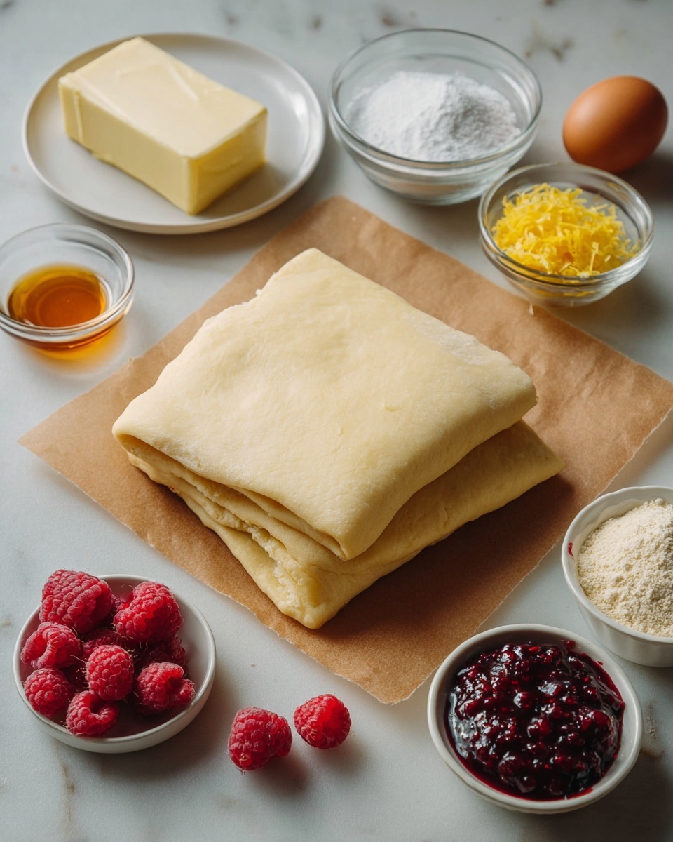 The image shows two square layers of light beige dough stacked on top of each other on a piece of brown parchment paper, placed on a white marbled surface. To the left of the dough, there is a small white plate with a block of cream-colored butter, above a clear glass bowl filled with white granulated sugar and below it a small white bowl with amber syrup. In front of these bowls are a few fresh red raspberries scattered around and a small white bowl filled with dark red raspberry jam mixed with whole raspberries. To the right side of the dough is a small white bowl containing yellow lemon zest, a whole brown egg, and a small white bowl with light brown sugar. The colors are soft and natural, showing a collection of baking ingredients. Photo taken with an iphone --ar 4:5 --v 7