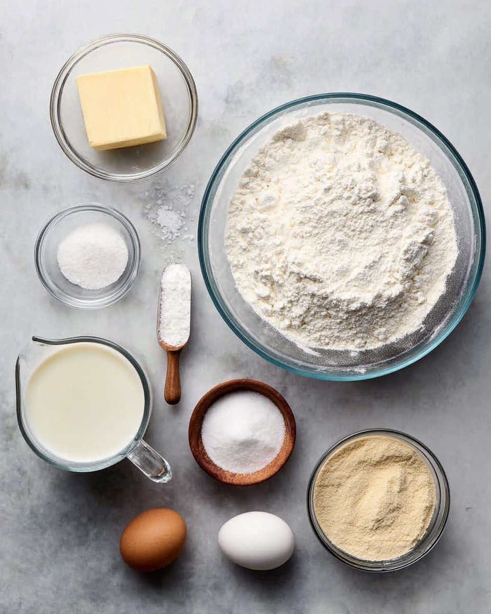 A large clear glass bowl filled with white flour sits on a white marbled surface on the right side. To the left are smaller clear bowls and containers: a small bowl of white salt, a small square piece of pale yellow butter, a small pile of coarse salt, and a small bowl with light brown powdered garlic. Below them is a glass measuring cup filled with white milk, a scoop with white sugar and a wooden handle, a small bowl with light beige yeast, and a single white egg. The ingredients are neatly arranged in rows, all shown from above. Photo taken with an iphone --ar 4:5 --v 7