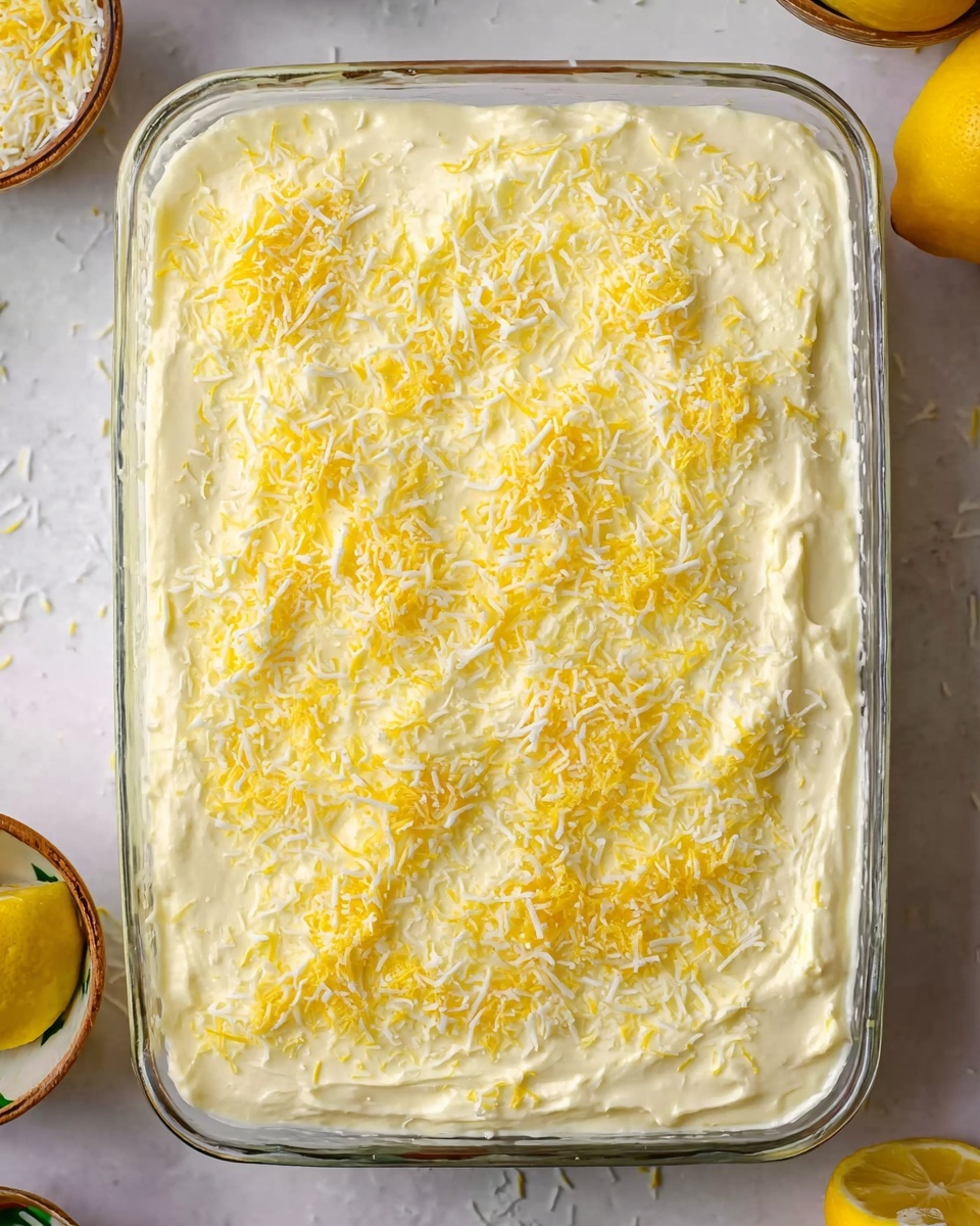 The image shows a clear rectangular glass baking dish filled with a creamy, light yellow layer topped with finely grated yellow cheese. The creamy layer covers the surface smoothly with a slightly textured edge, and the cheese is sprinkled evenly, providing a delicate contrast between the soft cream and the shredded cheese. The dish is placed on a white marbled surface with a few blurred items like lemons and small bowls around it, enhancing the fresh and clean presentation. photo taken with an iphone --ar 4:5 --v 7