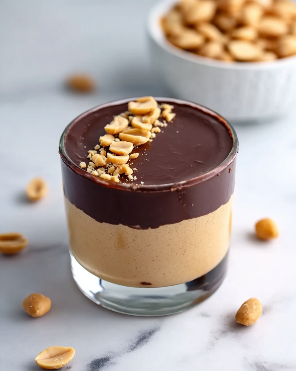 The image shows a clear glass cup on a white marbled surface, filled with two layers. The bottom layer is thick and creamy, beige in color, likely peanut-flavored. The top layer is a smooth, dark chocolate glaze that covers the creamy layer fully. On top of the chocolate layer, there is a sprinkle of chopped light brown peanuts placed in a neat line. In the background, a white bowl filled with whole peanuts is slightly blurred. Several scattered peanuts rest around the base of the glass cup. photo taken with an iphone --ar 4:5 --v 7