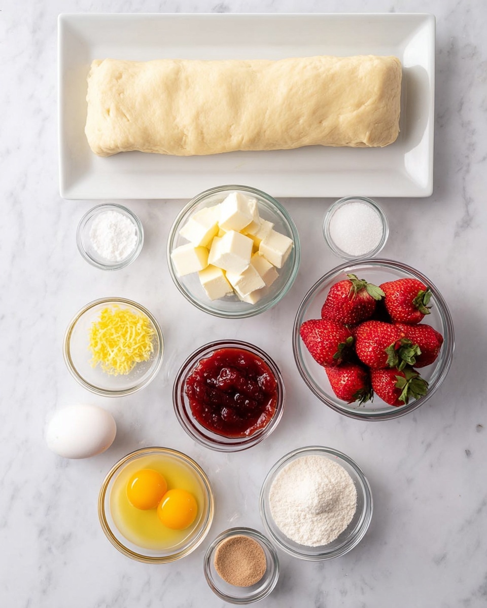 A rectangular piece of dough with a light beige color and soft texture lies on a white rectangular plate at the top center of the image. Below it, there are seven small glass bowls arranged neatly on a white marbled surface. The left side has a bowl filled with white cubed butter pieces, next to it a small bowl of granulated white sugar, and below that a small bowl containing bright yellow lemon zest. In the center, there is a bowl of dark red strawberry jam with a shiny texture, and beneath it, a bowl with a single bright yellow egg yolk. To the right, a bowl is filled with whole fresh strawberries, displaying their red color and green leaves, and next to it, a small bowl of light brown sugar. Photo taken with an iphone --ar 4:5 --v 7