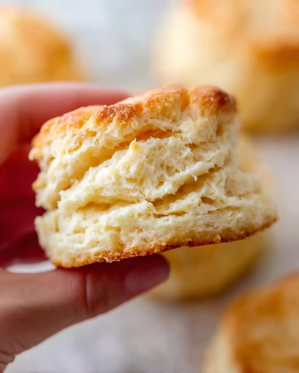 A close-up of a woman's hand holding a biscuit with visible layers inside. The biscuit is light golden brown on the outside with a soft, fluffy, cream-colored inside showing clear, flaky layers. The background is a white marbled surface with more biscuits slightly out of focus. Photo taken with an iphone --ar 4:5 --v 7