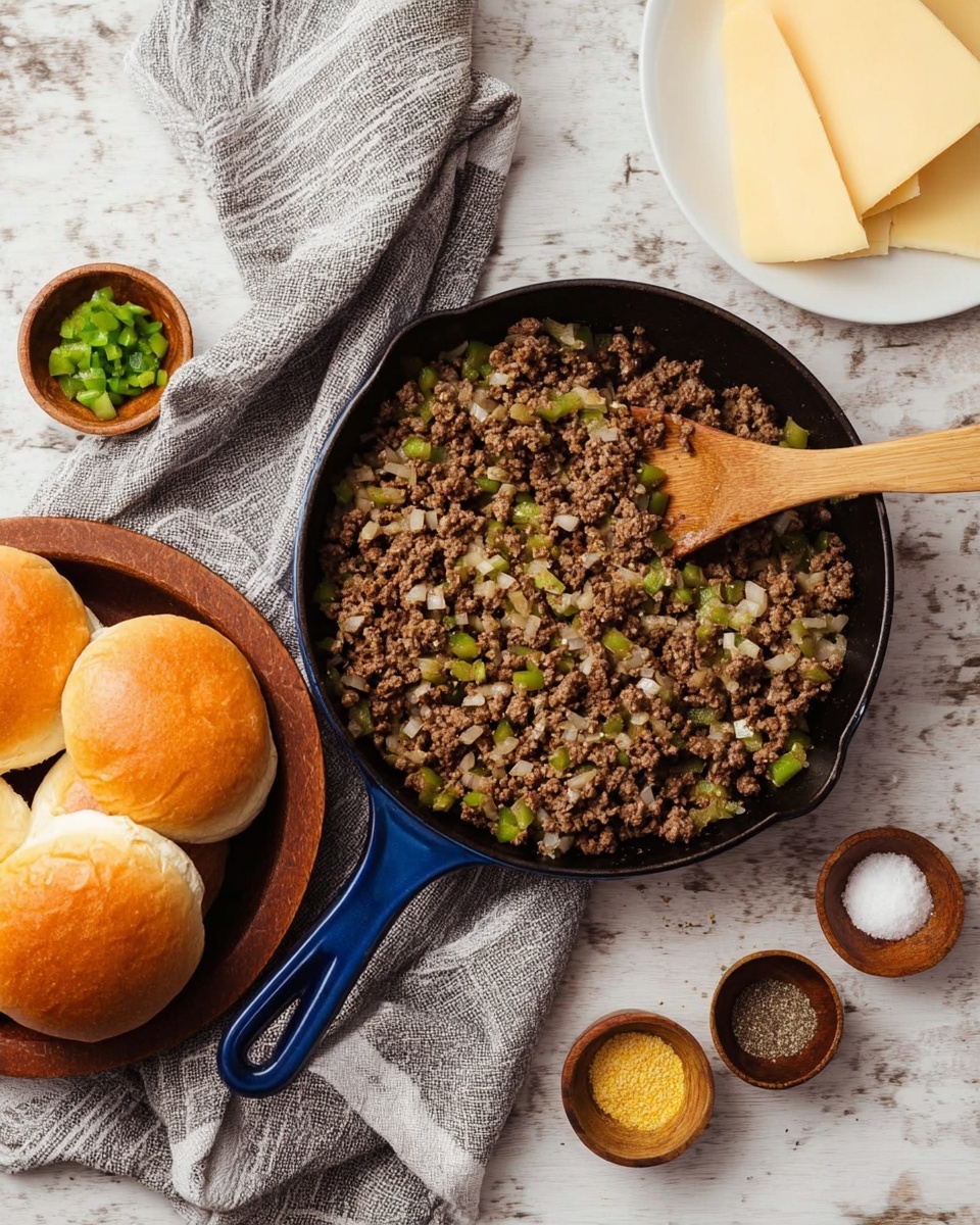 A blue cast iron pan filled with cooked ground beef mixed with diced green bell peppers and onions, with a wooden spoon resting inside. To the left, a wooden bowl holds three golden brown sandwich buns, placed on a folded grey and white striped cloth. To the right, there is a white round plate stacked with slices of pale yellow cheese, and next to it are three small round wooden and white dishes holding salt, pepper, and a yellow powder. The whole scene is set on a white marbled textured surface. photo taken with an iphone --ar 4:5 --v 7