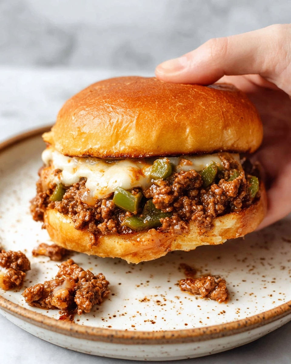 A close-up sandwich with a soft, light brown top bun that looks fluffy and smooth. Below it, there is a thick layer of cooked ground meat mixed with small pieces of green bell peppers and cooked onions, some melted cheese is seen oozing over the meat. The bottom bun is white and slightly cushy, holding the juicy meat filling. The sandwich sits on a white plate with a slight ridged texture, all placed on a white marbled surface. photo taken with an iphone --ar 4:5 --v 7