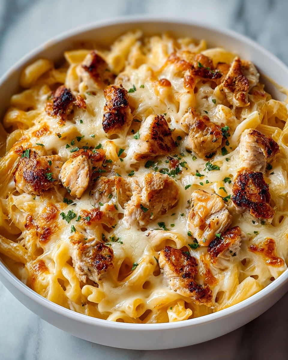 A close-up top view of a black skillet filled with creamy macaroni pasta mixed with browned small meat pieces, all covered in melted cheese that is light orange in color. The dish is sprinkled with green chopped herbs that add a fresh look on top. The skillet sits on a white marbled surface with a stove grate visible under it. photo taken with an iphone --ar 4:5 --v 7