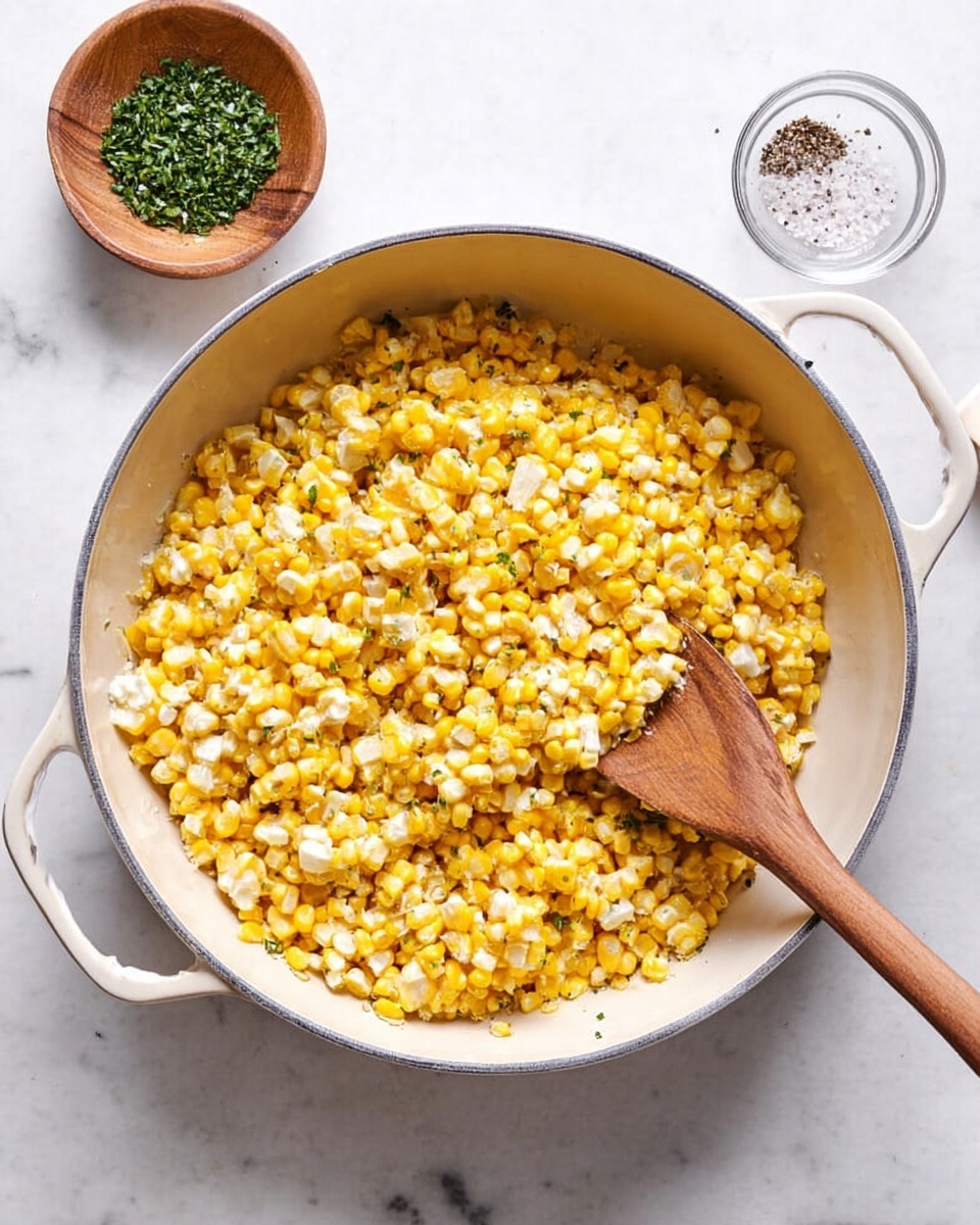 A white round pan with two handles holds a large amount of cooked yellow corn kernels mixed with soft white pieces that look creamy. A wooden spoon rests inside the pan, partially covered by the corn mixture. To the left of the pan, there is a small wooden bowl filled with chopped green herbs, and to the right, a clear small bowl with salt and pepper. The whole scene is set on a white marbled surface, giving a clean and bright look photo taken with an iphone --ar 4:5 --v 7