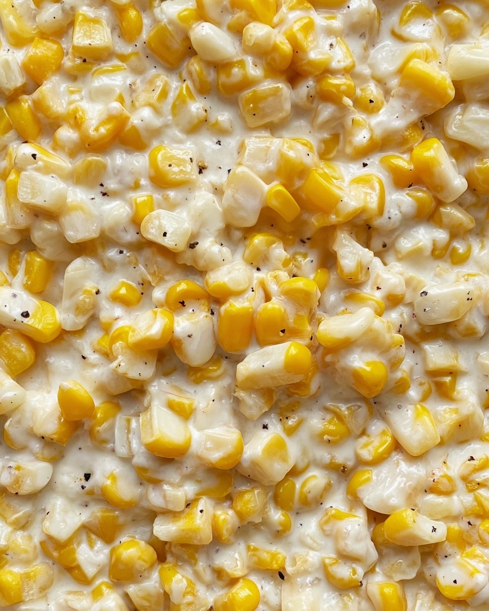 The image shows close-up creamy corn kernels fully mixed in a smooth white sauce with small specks of black pepper scattered throughout. The corn pieces have a mix of bright yellow and pale ivory colors, creating a lively but soft texture that looks thick and rich. There is no visible plate or bowl as the focus is tight on the corn mixture itself, against a white marbled background. photo taken with an iphone --ar 4:5 --v 7