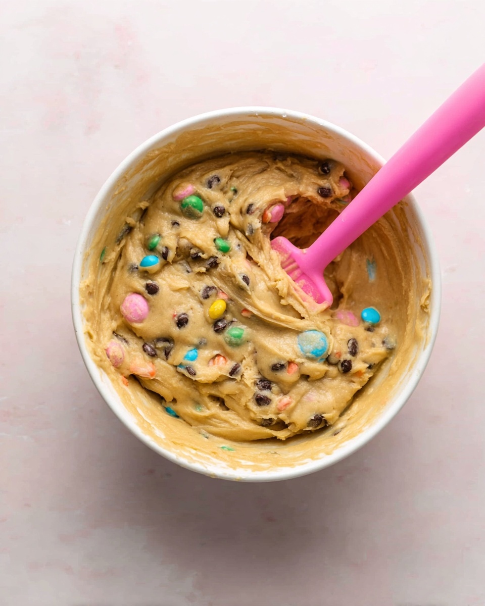 A white bowl filled with thick, light brown cookie dough mixed with small black chocolate chips and colorful candy pieces in blue, green, yellow, pink, and orange is shown from above. The dough’s surface is swirled with a pink silicone spatula resting inside the bowl, partially covered by the dough. The bowl is placed on a white marbled surface. photo taken with an iphone --ar 4:5 --v 7