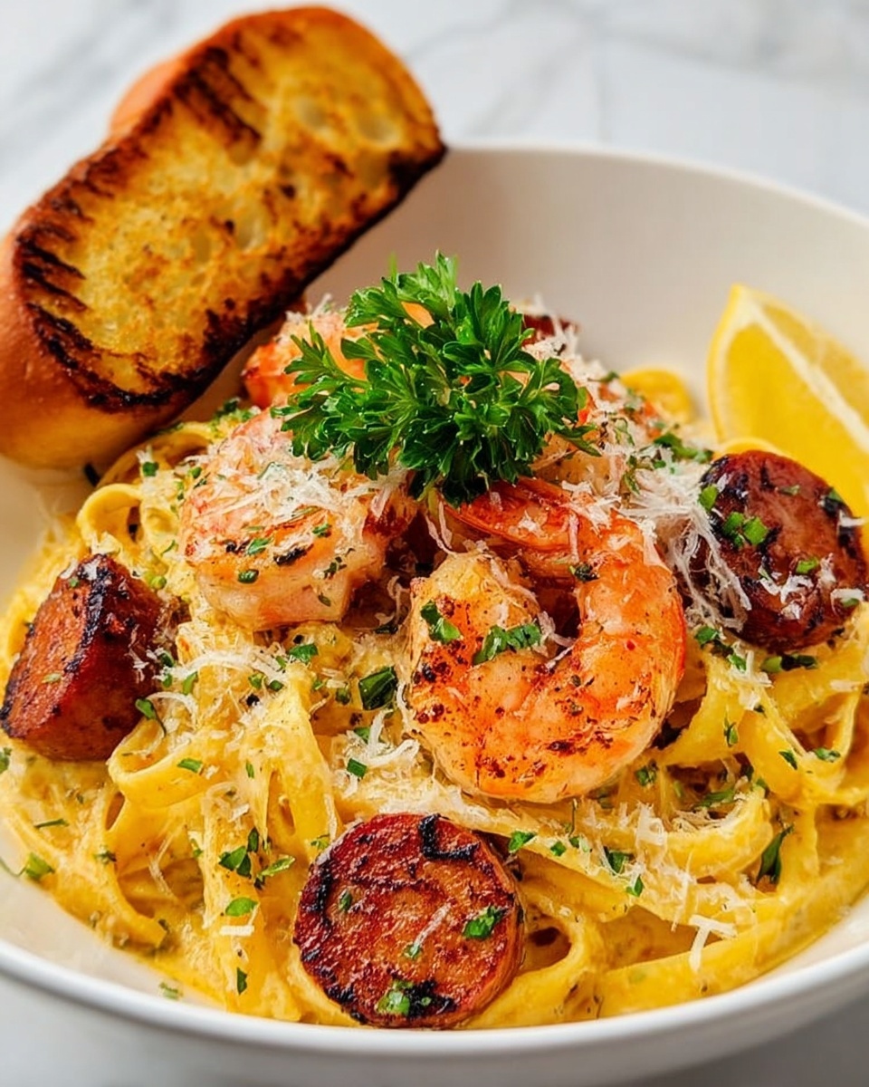 A white bowl holds a creamy yellow pasta base layered with several pieces of grilled sausages and orange shrimp on top. There is a sprinkle of white grated cheese and green chopped herbs scattered over the pasta and meat. A wedge of lemon rests on the side near the pasta, and a toasted slice of bread leans against the bowl. A small bunch of fresh green parsley is placed in the center as garnish. The background shows a white marbled texture. Photo taken with an iphone --ar 4:5 --v 7
