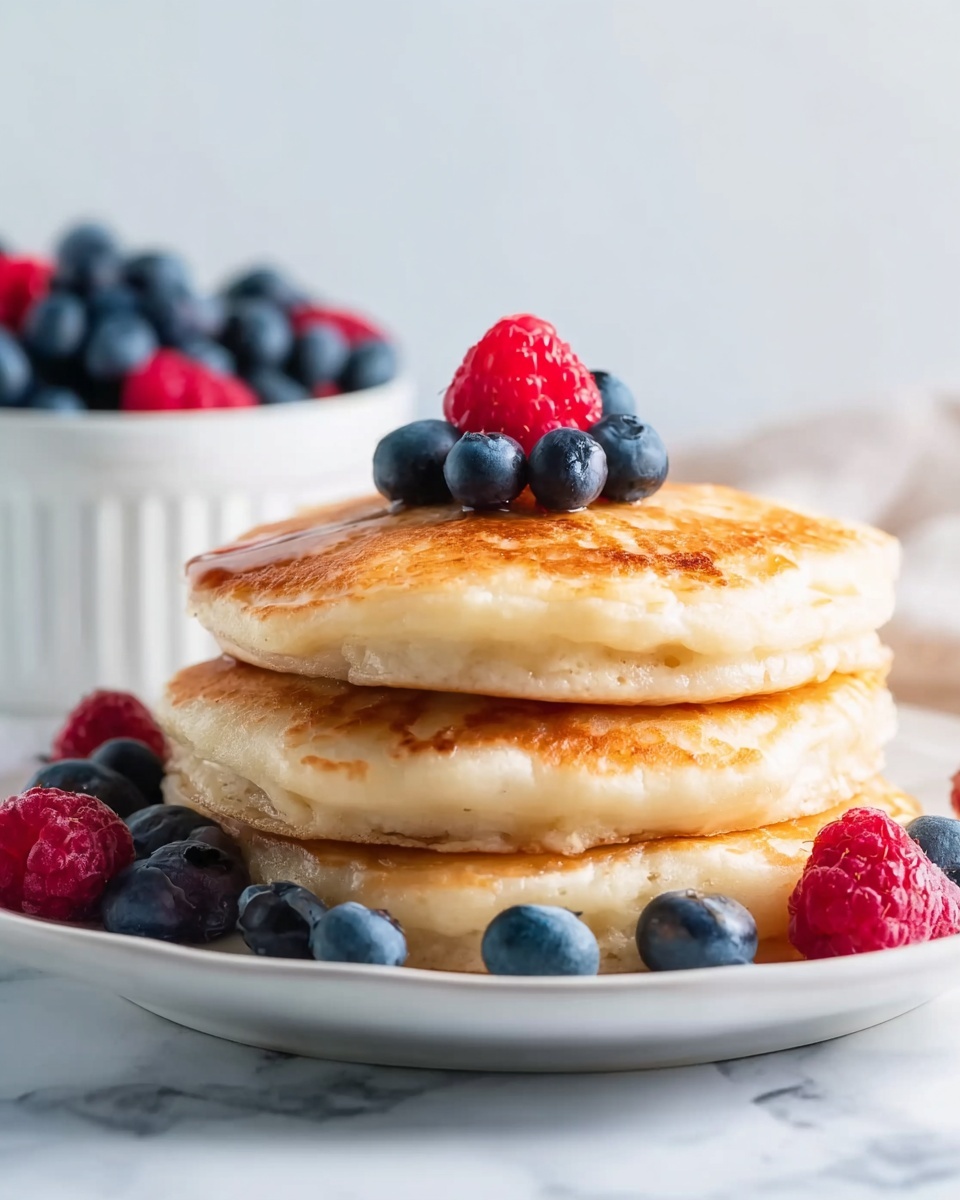 A stack of three golden brown pancakes is placed in the center of a white plate on a white marbled surface. The pancakes are thick and fluffy, with a gently crisp texture on their edges. On top of the stack, there are fresh blueberries and a single red raspberry, while more blueberries and raspberries are scattered around the base of the pancakes on the plate. In the background, a white bowl filled with more blueberries and raspberries is slightly out of focus against a light background. The scene is bright and inviting, with soft natural lighting highlighting the details of the pancakes and fruit. photo taken with an iphone --ar 4:5 --v 7