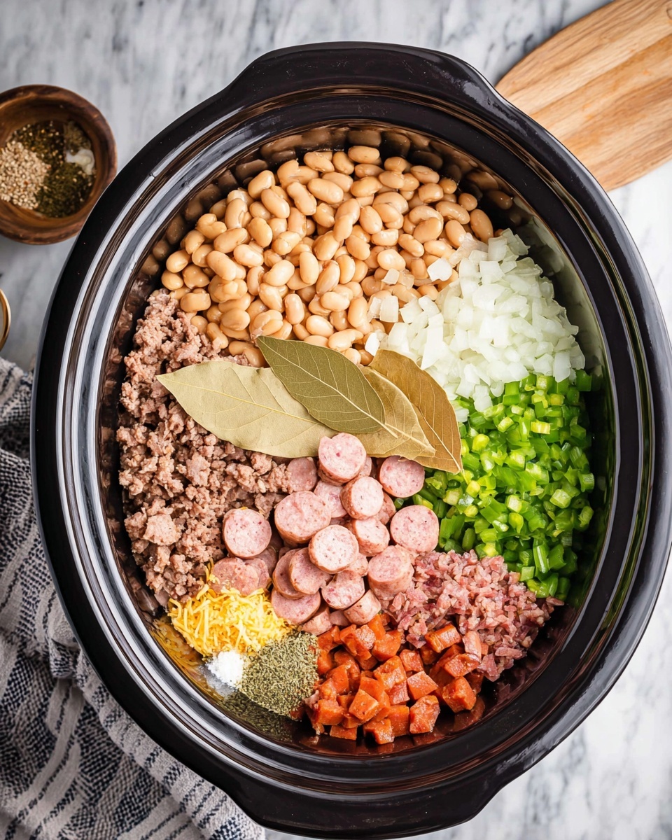 The image shows a black slow cooker filled with raw, chunky pieces of red meat placed in the center on a white marbled surface. Around the slow cooker are small white bowls containing spices and minced garlic, as well as a glass of water and two white oval bowls filled with dark brown sauces. A black and white checkered cloth is partially visible under the slow cooker. The overall scene is clean and neatly arranged. photo taken with an iphone --ar 4:5 --v 7