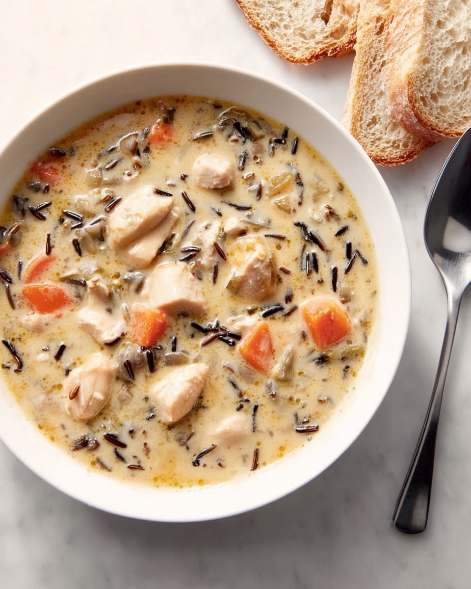 The image shows a white shallow bowl filled with creamy soup containing visible chunks of light beige chicken pieces, small orange carrot slices, and dark wild rice grains scattered throughout. The soup has a smooth, slightly thick texture with a pale beige color base. Two slices of light golden brown crusty bread are placed beside the bowl on a white marbled surface. A silver spoon rests to the right of the bowl. Photo taken with an iphone --ar 4:5 --v 7