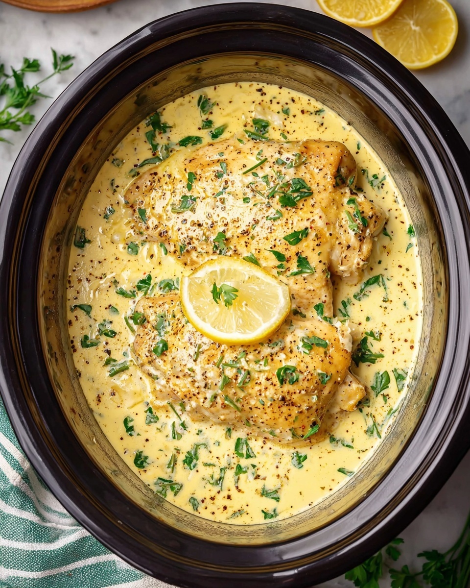The image shows two pieces of cooked chicken placed inside a round black slow cooker filled with a creamy yellow sauce with black pepper and herbs sprinkled throughout. The chicken is golden brown with a slightly rough texture and garnished with finely chopped green parsley. On top of one chicken piece, there is a small lemon wedge. The slow cooker sits on a white marbled surface with a folded green and white striped cloth nearby. Several lemon slices and green herbs are visible in the background. Photo taken with an iphone --ar 4:5 --v 7