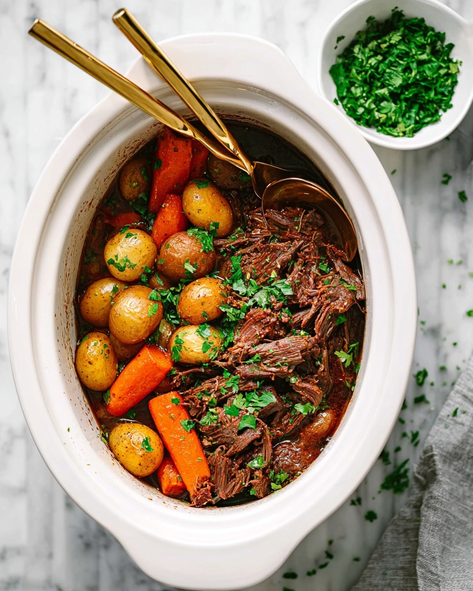 Inside a white oval slow cooker, there are three main layers. The bottom layer shows dark brown cooked beef with a textured, shredded look. The middle layer has small golden-brown potatoes and thick orange carrot sticks scattered around evenly. The top layer is sprinkled with fresh green chopped parsley, adding a bright touch. A golden spoon rests inside the slow cooker, leaning against the side, with a pair of golden chopsticks placed across it. Next to the slow cooker on a white marbled surface, there is a small white bowl filled with more green chopped parsley. Photo taken with an iphone --ar 4:5 --v 7