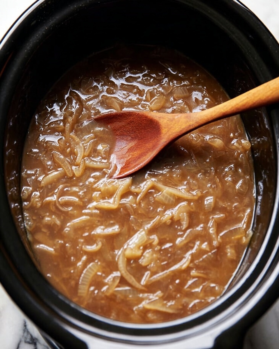 The image shows a close-up view of a black slow cooker filled with a thick, brown onion soup that has visible cooked onion slices mixed throughout the smooth broth. A wooden spoon with a rounded, slightly pointed tip rests inside the soup, partially submerged, showing the texture of the soup and onions. The pot is sitting on a white marbled surface. The lighting highlights the soup's glossy, soft texture. photo taken with an iphone --ar 4:5 --v 7