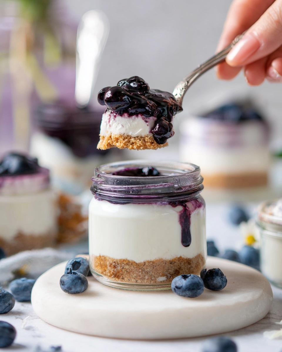 Healthy Protein Cheesecake Jars Recipe 5 The image shows a small clear glass jar with three visible layers. The bottom layer is a light brown crumbly crust. The middle layer is thick and smooth white cream. The top layer is glossy dark purple blueberry sauce with whole blueberries on it. A silver spoon held by a woman's hand lifts a bite from the jar, showing all three layers on the spoon: the crumbly base, creamy white middle, and dark purple topping. The jar sits on a round white marble plate. Around the jar are fresh blueberries and blurred jars in the background on a white marbled surface. Soft natural light highlights the creamy texture and shiny blueberry topping. photo taken with an iphone --ar 4:5 --v 7