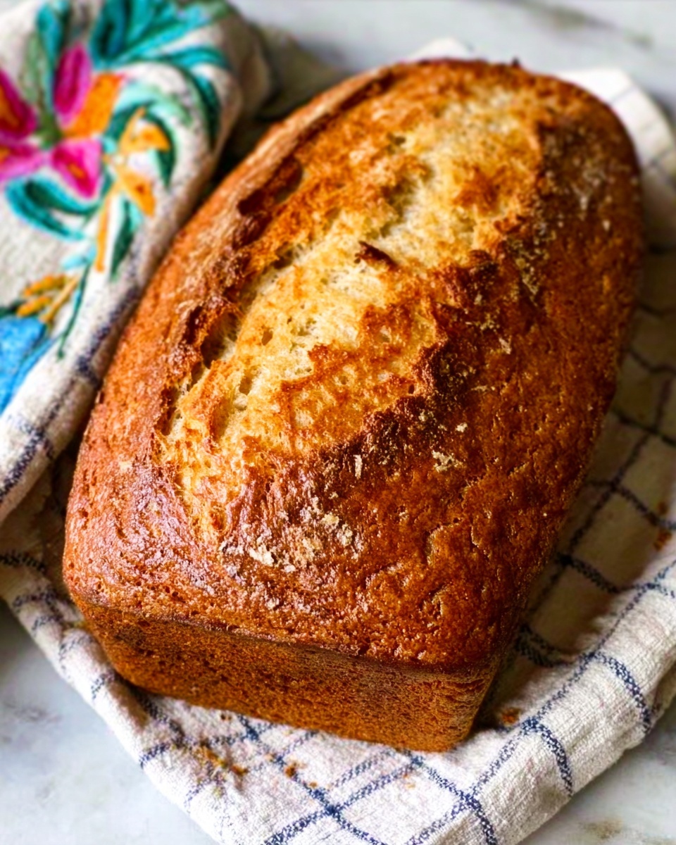 Hawaiian Banana Bread Recipe 5 A golden brown loaf of bread with a textured, slightly cracked crust on top sits on a white cloth with a blue checkered pattern, on a white marbled surface. The bread has a firm, uneven shape with browning around the edges, showing a crispy outside and soft inside. Next to the loaf are parts of a colorful cloth with floral designs adding a touch of bright colors to the composition. photo taken with an iphone --ar 4:5 --v 7