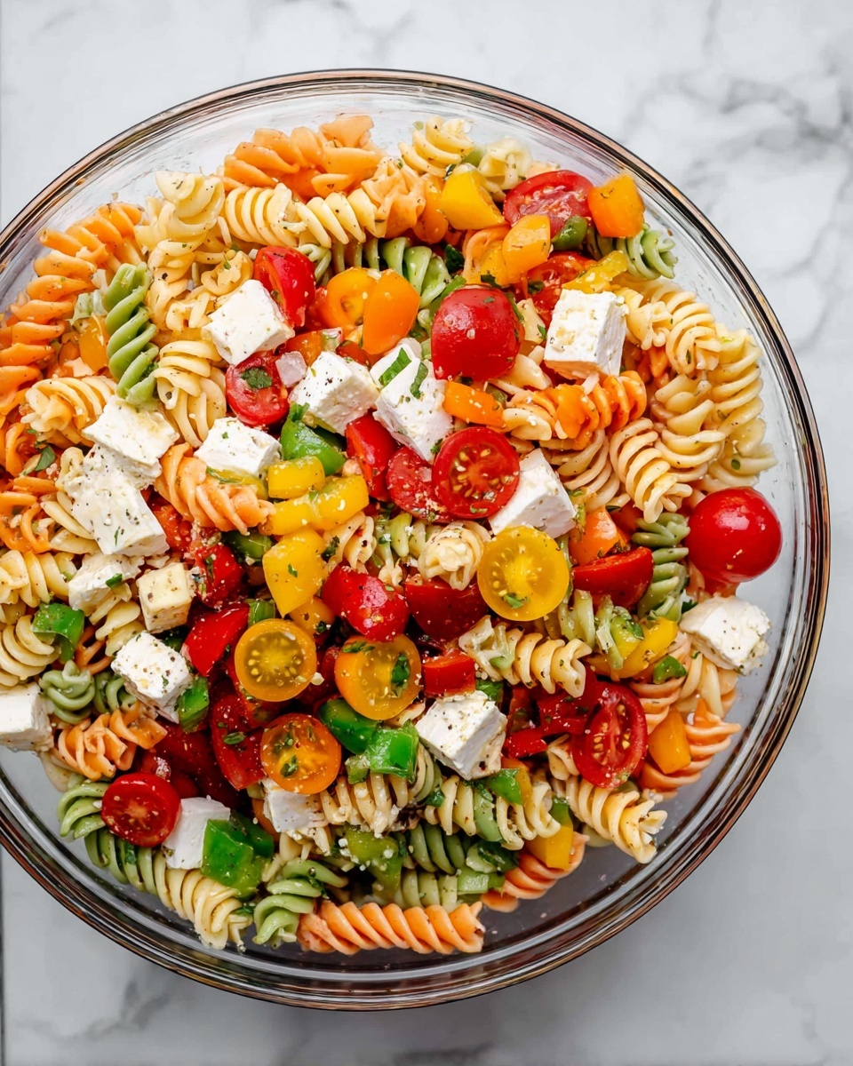 The image shows a clear glass bowl filled with a colorful pasta salad on a white marbled surface. The salad has three layers of tri-color rotini pasta in orange, cream, and green, mixed evenly throughout. Scattered among the pasta are chunks of white cheese, bright red and green bell pepper pieces, and halved cherry tomatoes in red and yellow colors. The ingredients are well mixed, giving a vibrant and fresh look to the salad. photo taken with an iphone --ar 4:5 --v 7
