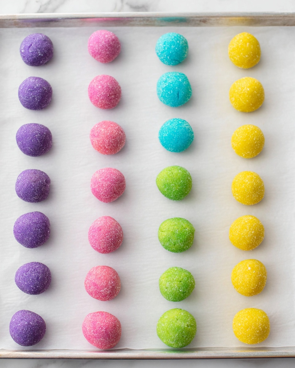 The image shows five rows of colorful dough balls placed neatly on a baking tray lined with white parchment paper. Each row contains four balls that are evenly spaced apart. From left to right, the dough balls in the first row are purple with a slightly rough texture, the second row has light blue balls with a smooth surface, the third row consists of pink balls with a sugar-coated look, the fourth row has green balls with a sugary texture, and the fifth row contains yellow balls with a crystalline sugar coating. The background is a white marbled texture. Photo taken with an iphone --ar 4:5 --v 7