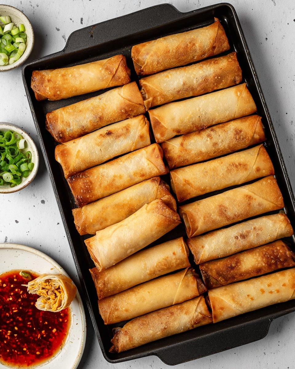 A black baking tray filled with 14 golden-brown, crispy spring rolls arranged in neat rows with varying shades of light and medium brown textures showing slight browning spots on each roll. In the bottom left corner, a white plate holds one broken spring roll exposing an inner layer of mixed filling with visible orange and beige tones, next to a small white bowl of thick red chili sauce with visible chili flakes. A small white bowl with chopped green onions is placed in the upper left corner. The whole scene is set on a white marbled surface. Photo taken with an iphone --ar 4:5 --v 7