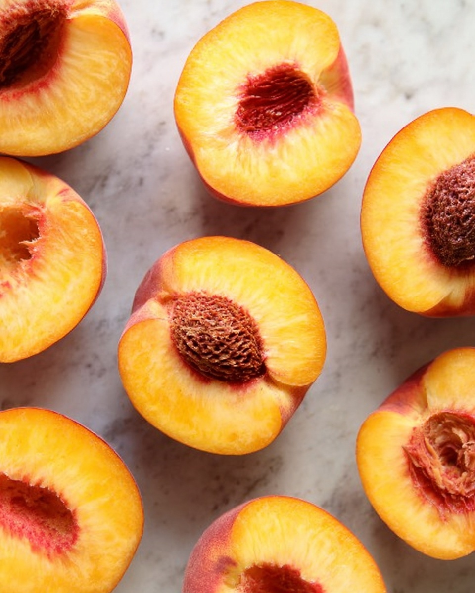 The image shows several peach halves arranged randomly on a white marbled surface. Each peach is halved to reveal a bright yellow-orange flesh with a slightly reddish area near the center where the brown, rough-textured pits sit. The skin on the outside edges of the peaches is a soft orange with a hint of red. The contrast between the vibrant flesh, the dark brown pits, and the light marbled surface creates a fresh and natural look. photo taken with an iphone --ar 4:5 --v 7