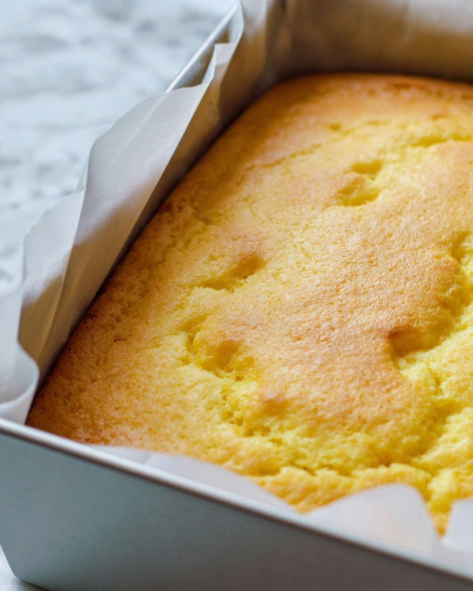 A close-up view of a single-layered golden yellow cake with a slightly uneven, soft texture on top, showing small indentations and air pockets throughout. The cake rests in a silver rectangular metal pan lined halfway with white parchment paper that is rolled back on one side, revealing the cake surface. The background features a white marbled texture. photo taken with an iphone --ar 4:5 --v 7