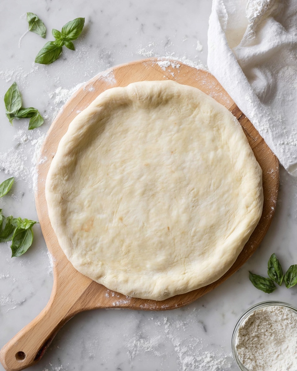A round, flat pizza dough with a slightly raised, thicker edge lies on a light wooden pizza paddle, showing a smooth, slightly dimpled surface with pale cream color. The paddle rests on a white marbled surface scattered with a light dusting of flour, along with a few fresh green basil leaves around it for decoration. In the background, a white cloth napkin is softly folded near the paddle handle. A small glass bowl filled with white flour is partly visible at the bottom right corner. The photo has soft natural light and a clean, fresh look photo taken with an iphone --ar 4:5 --v 7