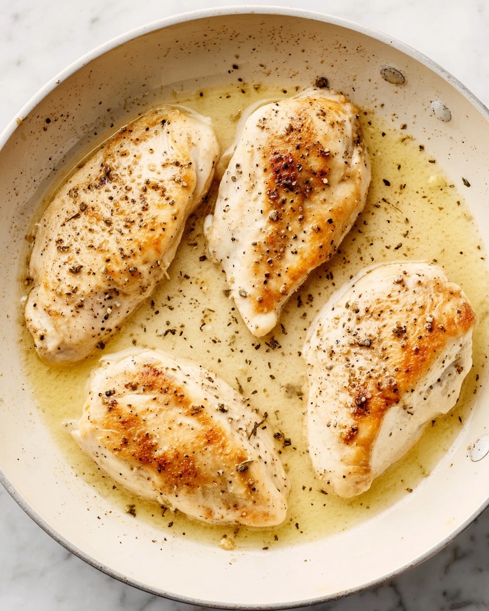 The image shows a white pan with four pieces of lightly browned chicken cooking in oil. Each piece is different in shape, with soft golden brown spots on top and some pepper and light seasoning sprinkled over them. The oil in the pan shines and creates small reflections around the chicken. The background is a white marbled surface. photo taken with an iphone --ar 4:5 --v 7