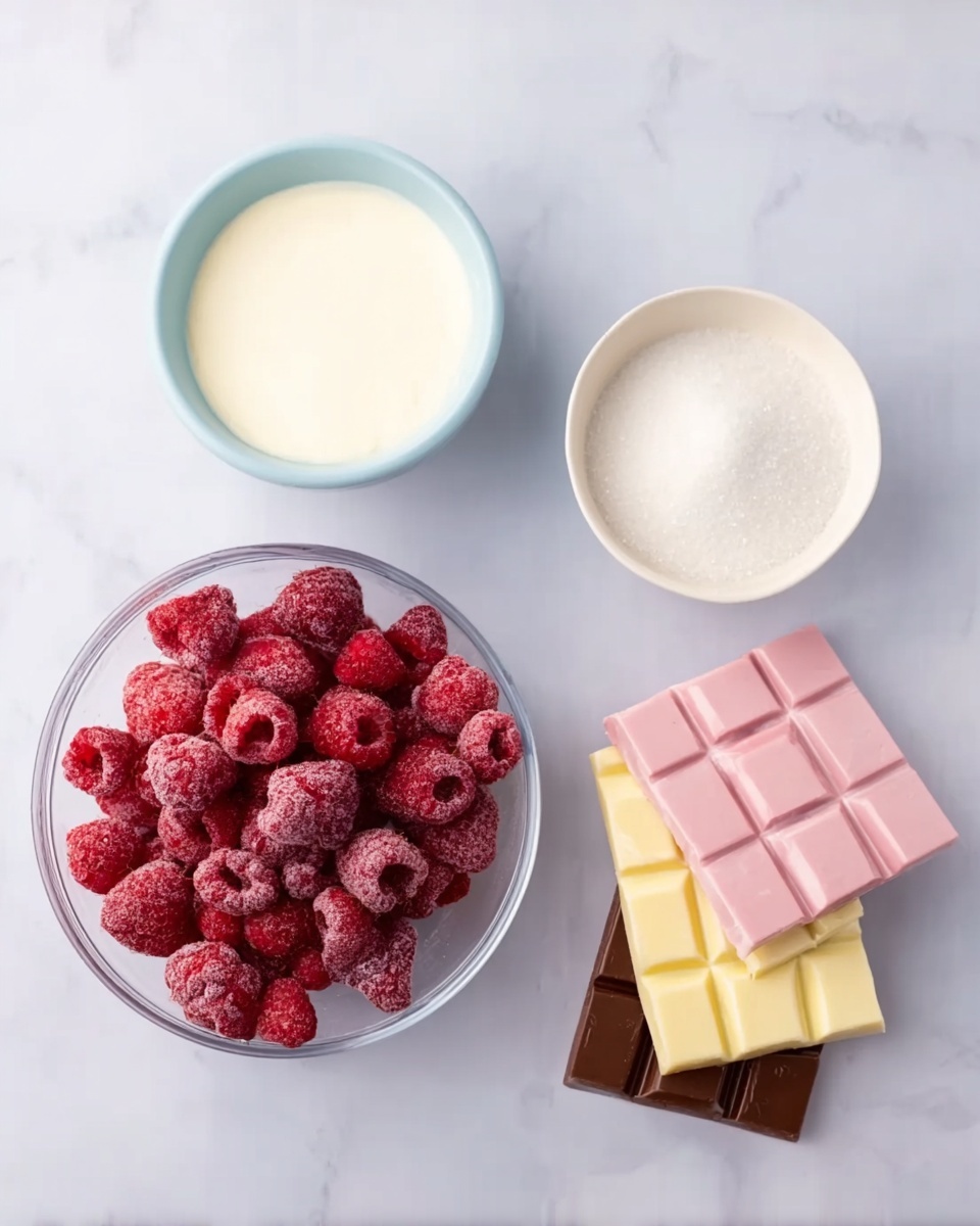 The image shows four containers on a white marbled surface. In the top left, there is a small round bowl with a light blue inside and white outside filled with cream. To the right, there is a small white bowl containing granulated white sugar. Below those, on the left side, there is a transparent glass bowl full of frozen red raspberries. To the right of the raspberries, there are three types of chocolate bars stacked in a triangle shape: dark chocolate at the bottom, white chocolate in the middle, and pinkish strawberry chocolate on top, each piece having a smooth texture with clear break lines. Photo taken with an iphone --ar 4:5 --v 7