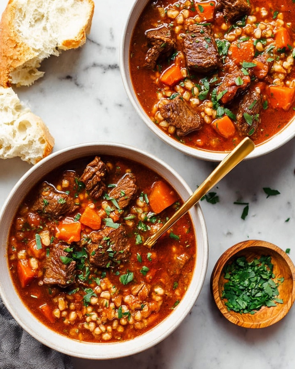 Two white bowls filled with a rich brown beef stew that has a thick texture. The stew is full of chunky pieces of dark brown beef, orange carrot cubes, and small light beige grains, all mixed in a deep reddish-brown broth. Fresh green herbs are sprinkled on top of the stew for added color. One bowl has a gold spoon resting inside it. Nearby, there is a torn white bread piece and a small wooden bowl with chopped green herbs on a white marbled surface. Photo taken with an iphone --ar 4:5 --v 7