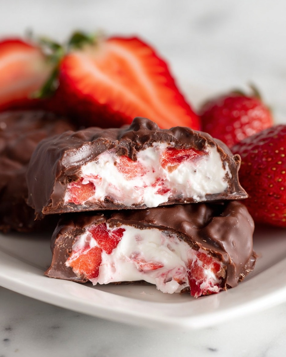 The image shows a close-up of a sweet treat with two main layers. The bottom and top layers are a smooth, dark brown chocolate shell with a slightly bumpy texture. Inside, the filling is a soft, creamy white mixture with bright red strawberry pieces scattered throughout. The treat is broken in half to reveal the filling clearly, and some fresh strawberry halves are placed behind it for decoration. All is set on a white plate on a white marbled surface. photo taken with an iphone --ar 4:5 --v 7