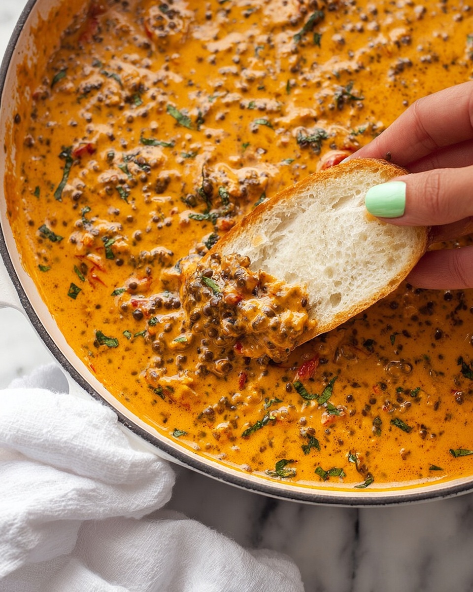 A close-up shows a white pot filled with a thick, creamy orange sauce mixed with small black lentils and bits of green herbs and red pieces. A woman's hand with light green nail polish is dipping a piece of white bread into the sauce, covering its tip with the lentil mixture. The white pot sits on a white marbled surface with a white cloth nearby. The texture of the sauce looks smooth with some chunks, and the lentils create small raised spots on the sauce surface. photo taken with an iphone --ar 4:5 --v 7
