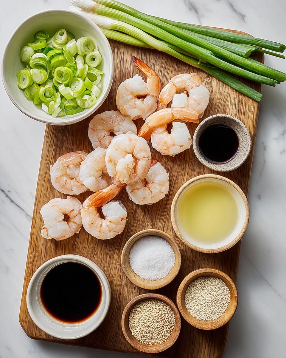 A wooden board holds a neat arrangement of ingredients on a white marbled surface. In the center, there are about ten pink and white cooked shrimp with visible segmented legs and curled tails. To the top left of the shrimp, a white bowl holds fresh green spring onions, with a few whole stalks laid on top inside the bowl. Below this bowl is a smaller white dish with cut rounds of green onion. Around the shrimp are six small bowls in light brown, white, and natural wood tones. These bowls contain white granulated salt, dark soy sauce, pale yellow liquid (likely oil), light beige sesame seeds, and a dark brown sauce, all smoothly textured. The scene is bright and clean, the food carefully arranged. Photo taken with an iphone --ar 4:5 --v 7